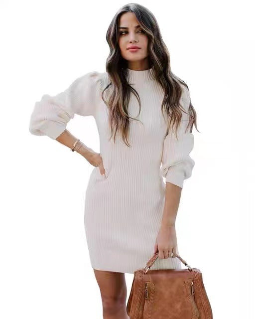 Damen Strickkleid mit hohem Kragen und Puffärmeln WW