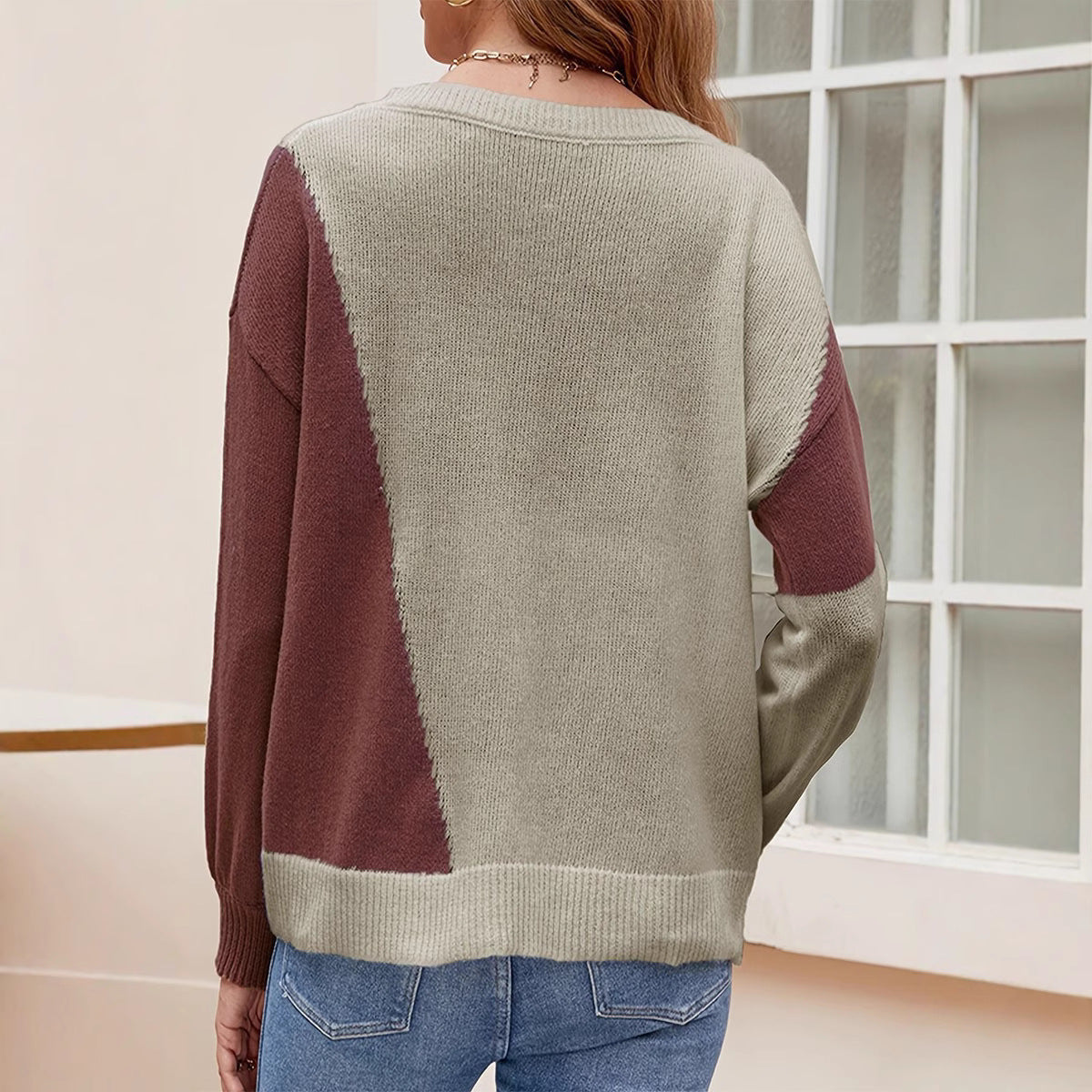 Damen modischer Pullover mit geometrischem Design und Rippstruktur WW