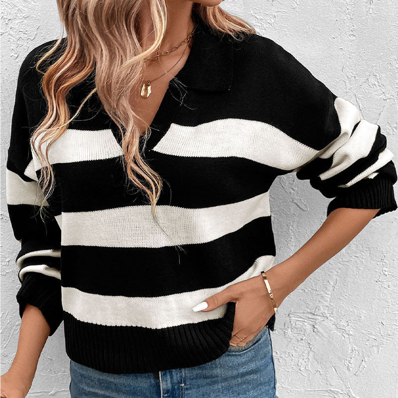 Damen eleganter Hoodie mit modernen Streifen und klassischem Polokragen WW