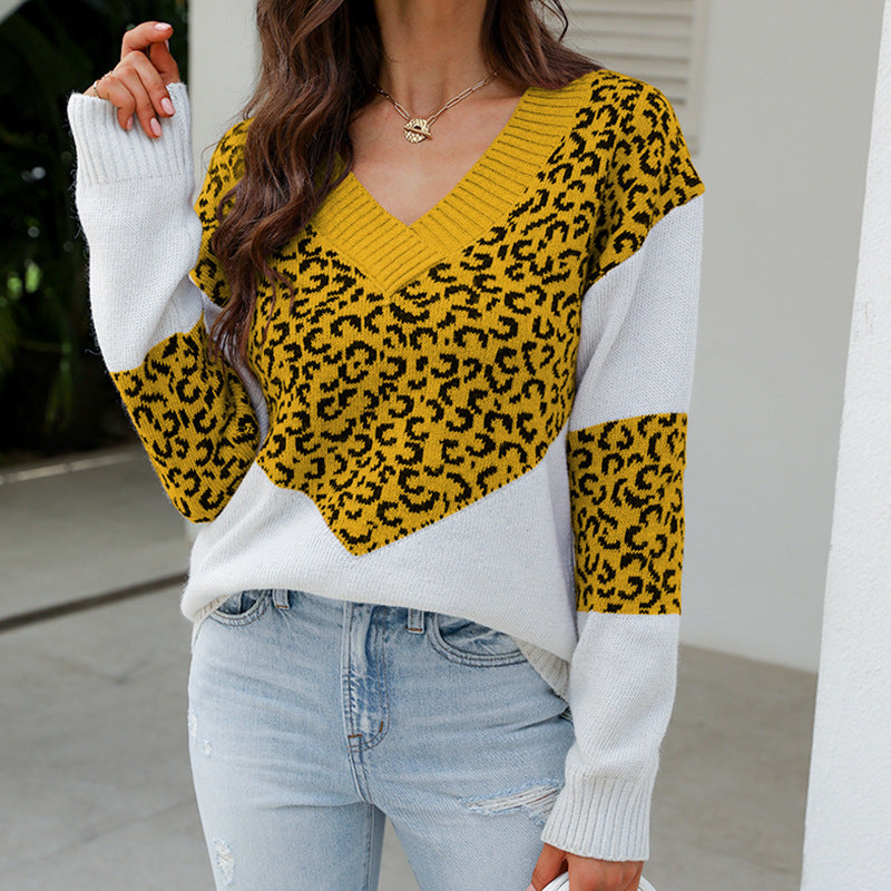 Damen Modischer Pullover mit einzigartigem Leopardenmuster und V-Ausschnitt WW