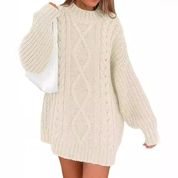 Damen Grobstrick Pulloverkleid mit asymmetrischem Saum und Zopfdesign WW