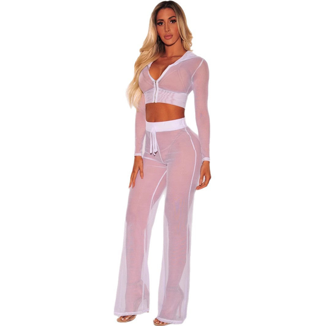 Damen Transparente Lounge-Hose mit Reißverschluss und Hohem Bund WW
