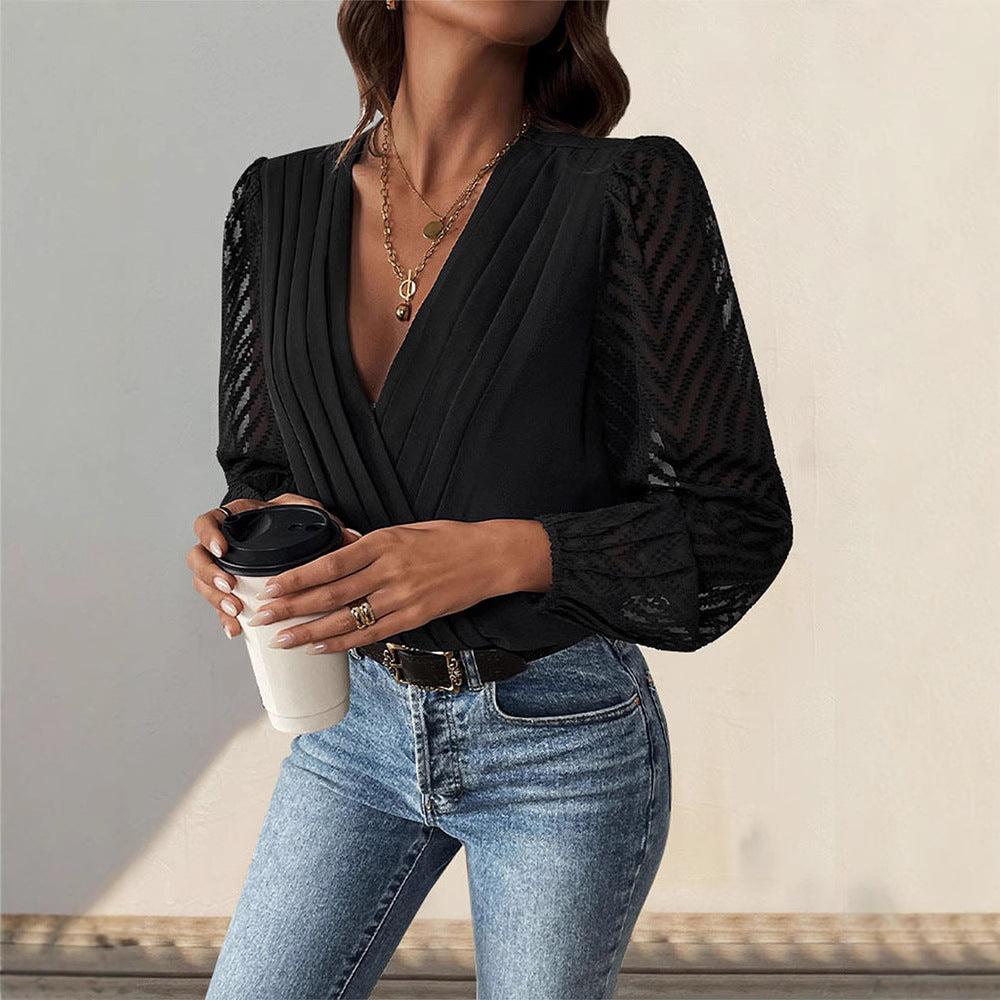 Damen elegantes Body mit voluminösen Ärmel und tiefem V-Ausschnitt WW