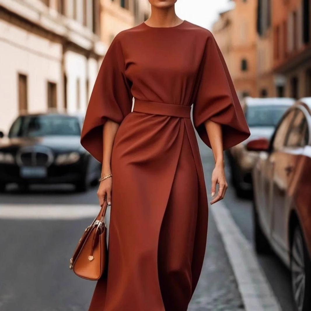 Damen modernes Maxikleid mit voluminösen Ärmeln und Taillengürtel WW