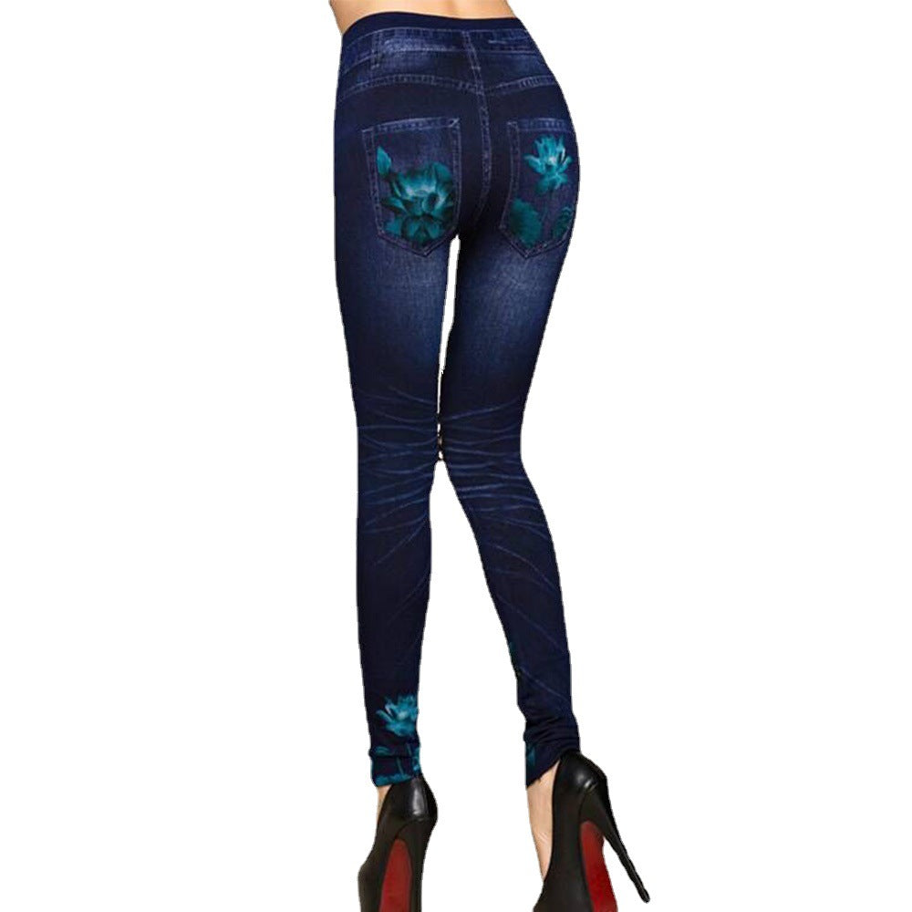 Damen Leggings im floralen Denim-Look mit-hohem Bund und figurformendem Schnitt WW