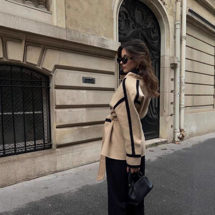 Damen elegante Blazerjacke mit Taillengürtel und Kontrastnähten WW