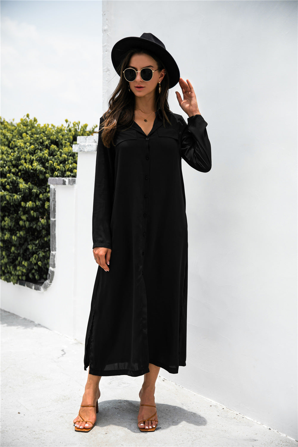 Damen Maxikleid mit elegantem Hemdkragen und Knopfleiste WW