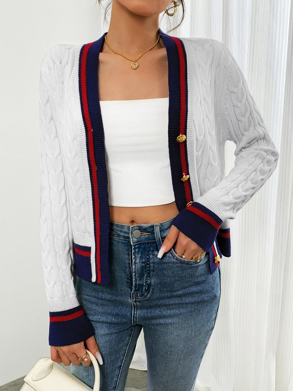 Damen modische Strickjacke mit strukturiertem Zopfdesign und Kontrastbündchen WW