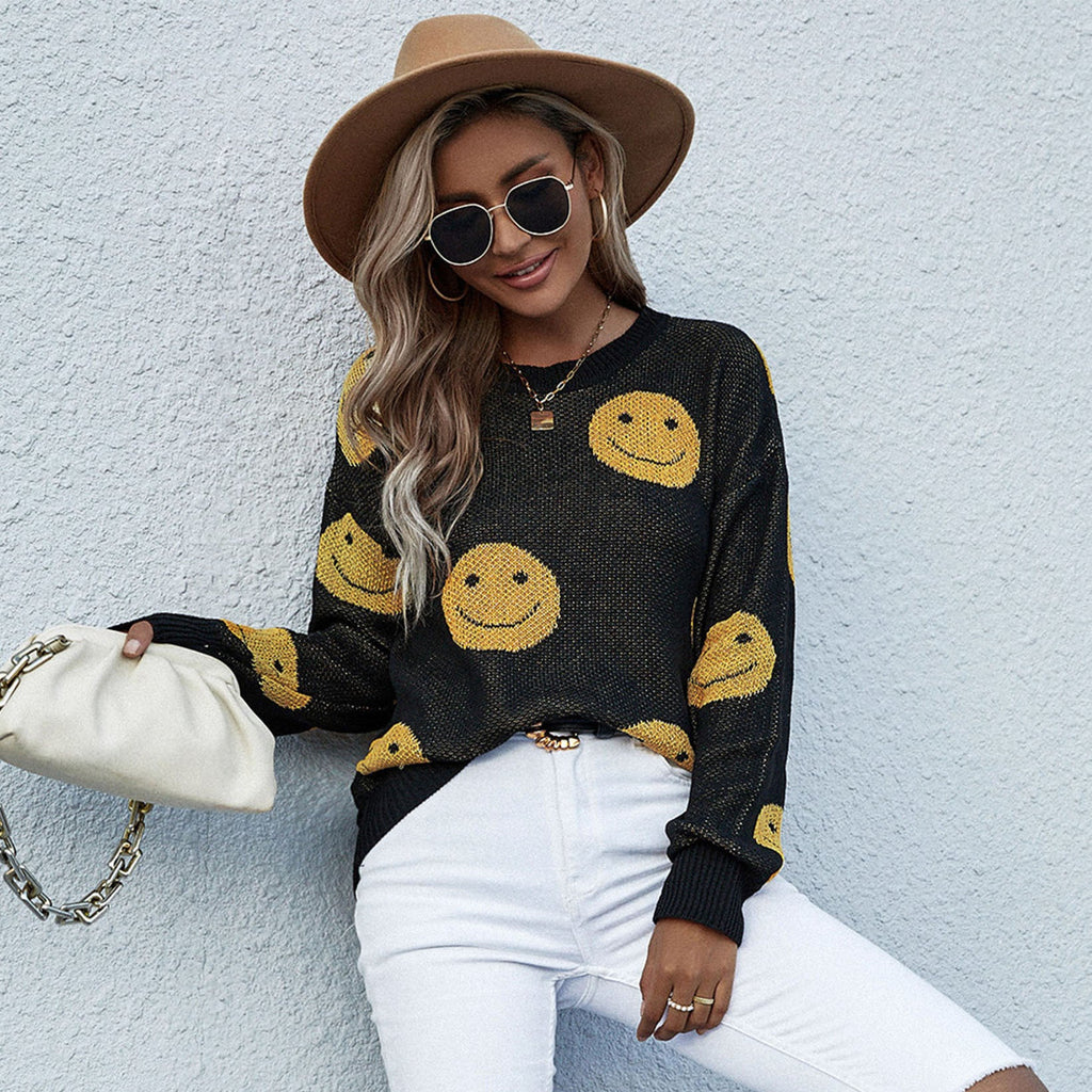 Damen lässiger Pullover mit Smiley-Muster WW