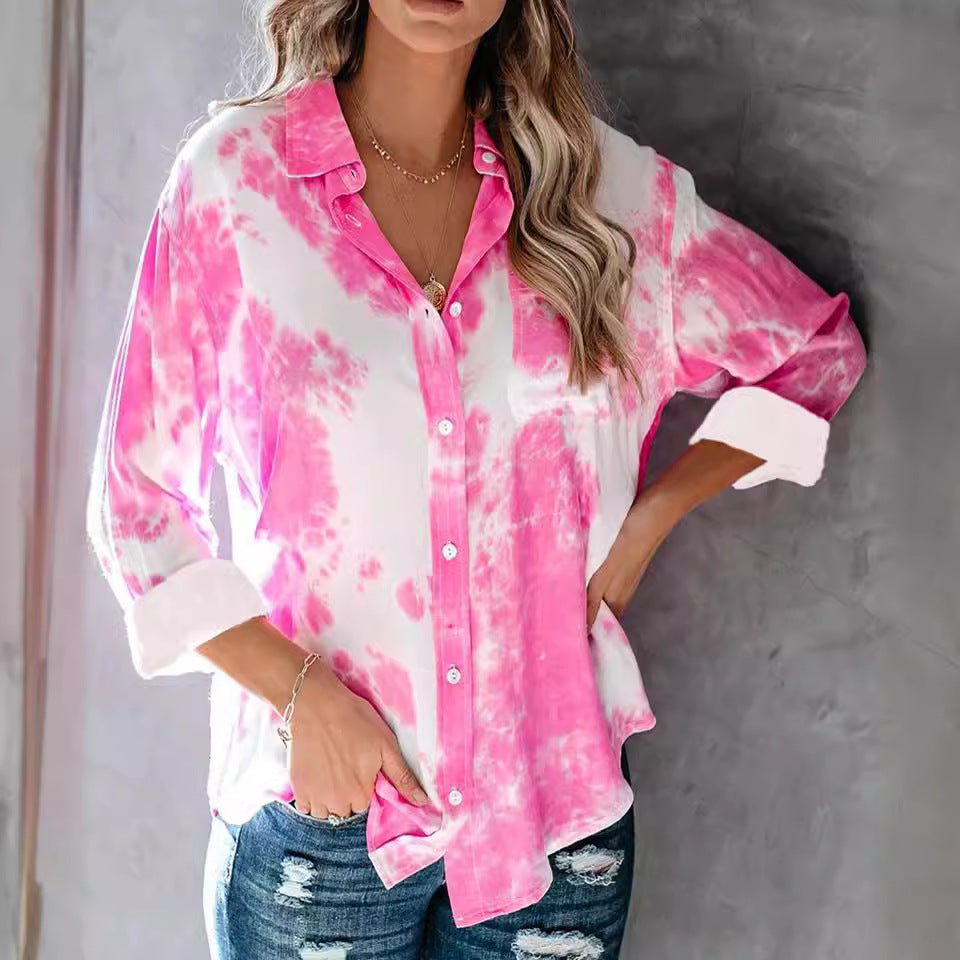 Damen Langarmhemd im kreativen Batikdesign mit Knopfleiste WW