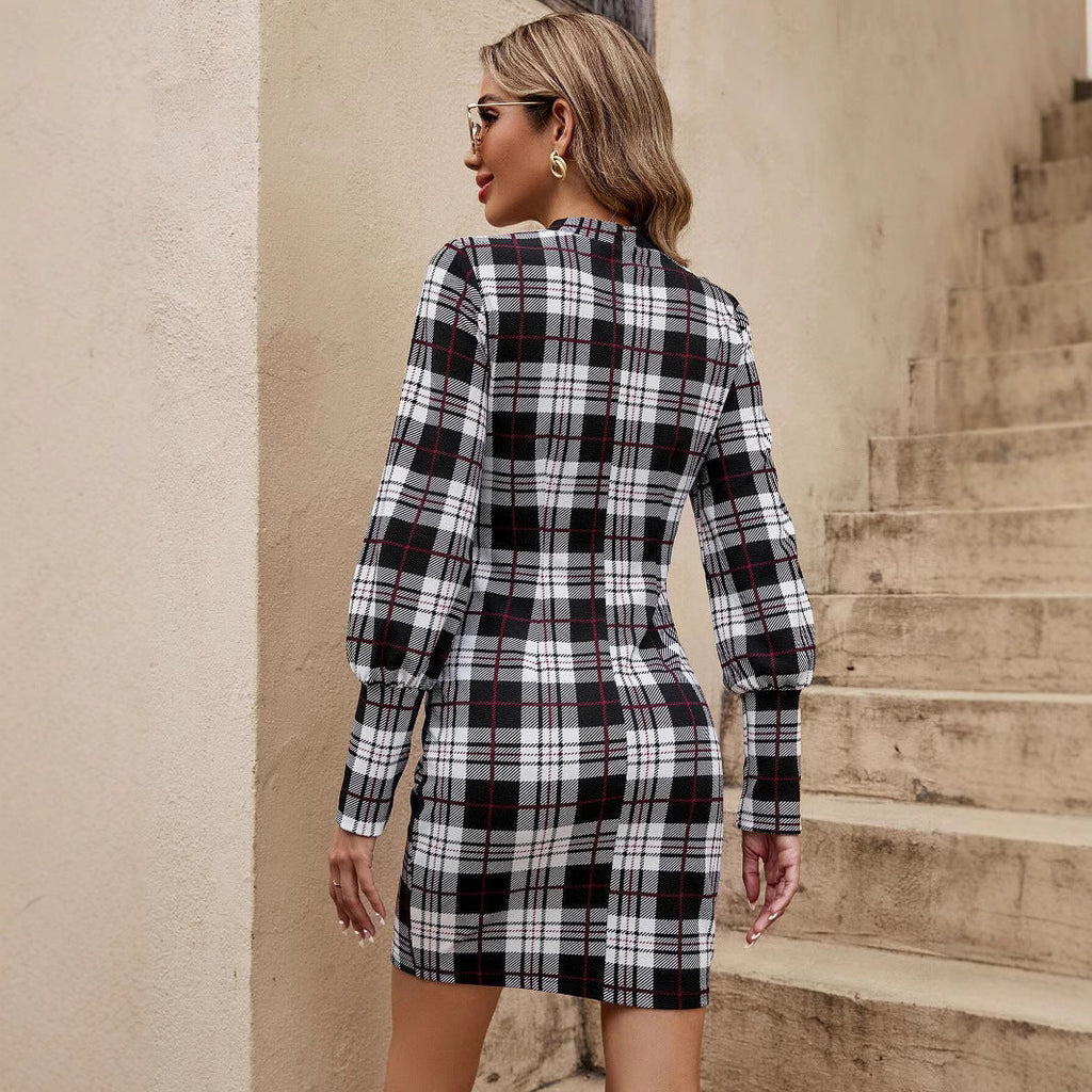 Damen figurbetontes Tartan-Kleid mit langen Ärmeln und Taillengürtel WW