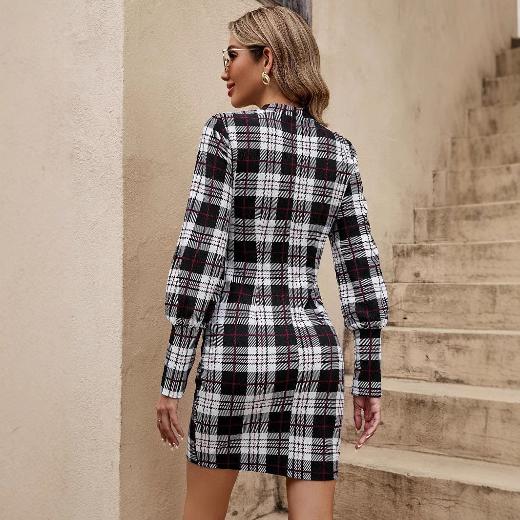Damen figurbetontes Tartan-Kleid mit langen Ärmeln und Taillengürtel WW