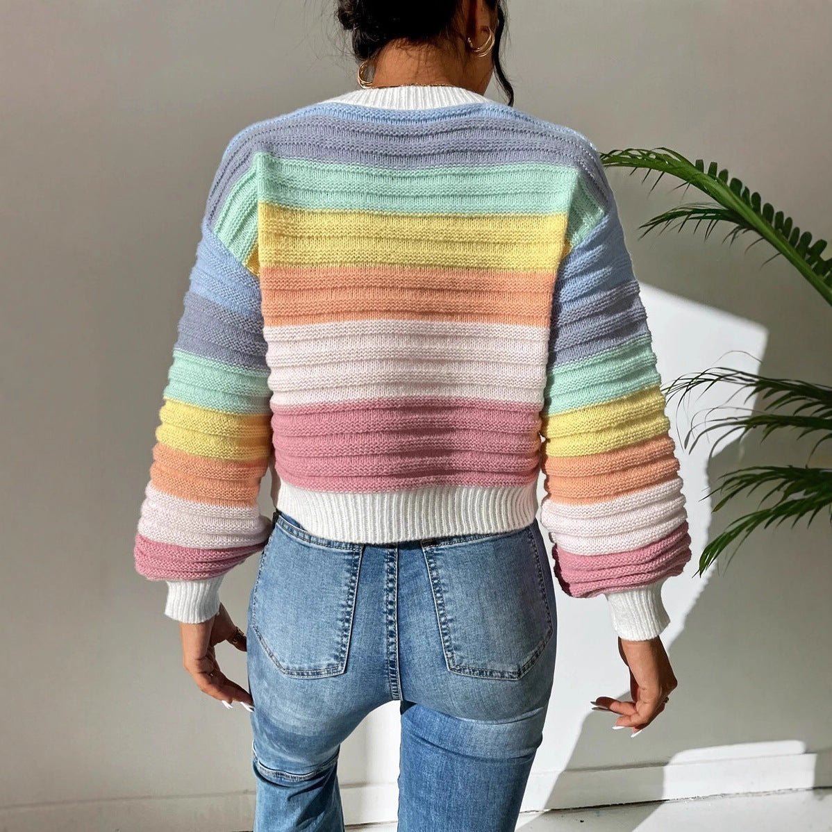 Damen Modischer Strickpullover mit Volumenärmel und Randdetails WW
