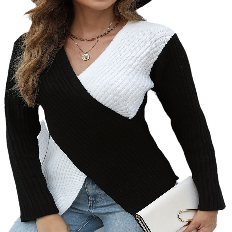 Damen Raffiniertes Strickoberteil mit V-Ausschnitt und asymmetrischem Design WW