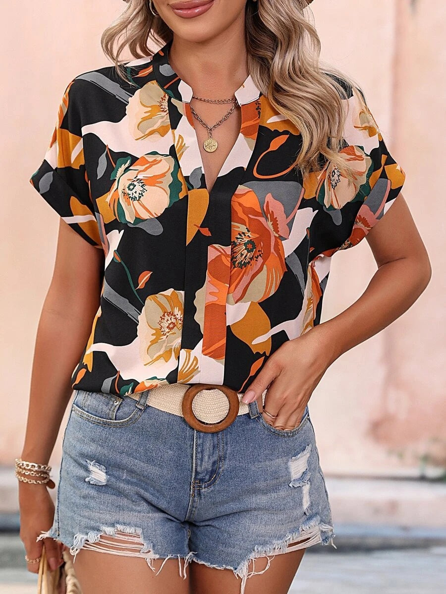 Damen Bluse mit floralen Mustern und stylischem Stehkragen WW