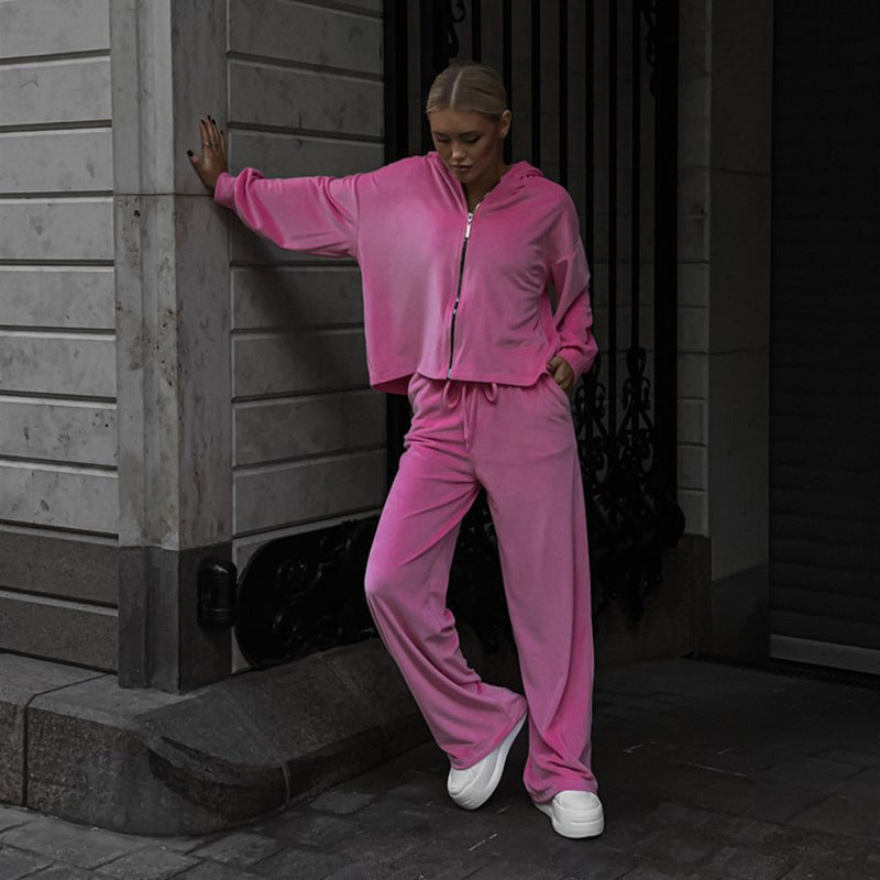 Damen sportliches Fleece-Jogginganzug mit Kapuze und weitem Schnitt WW