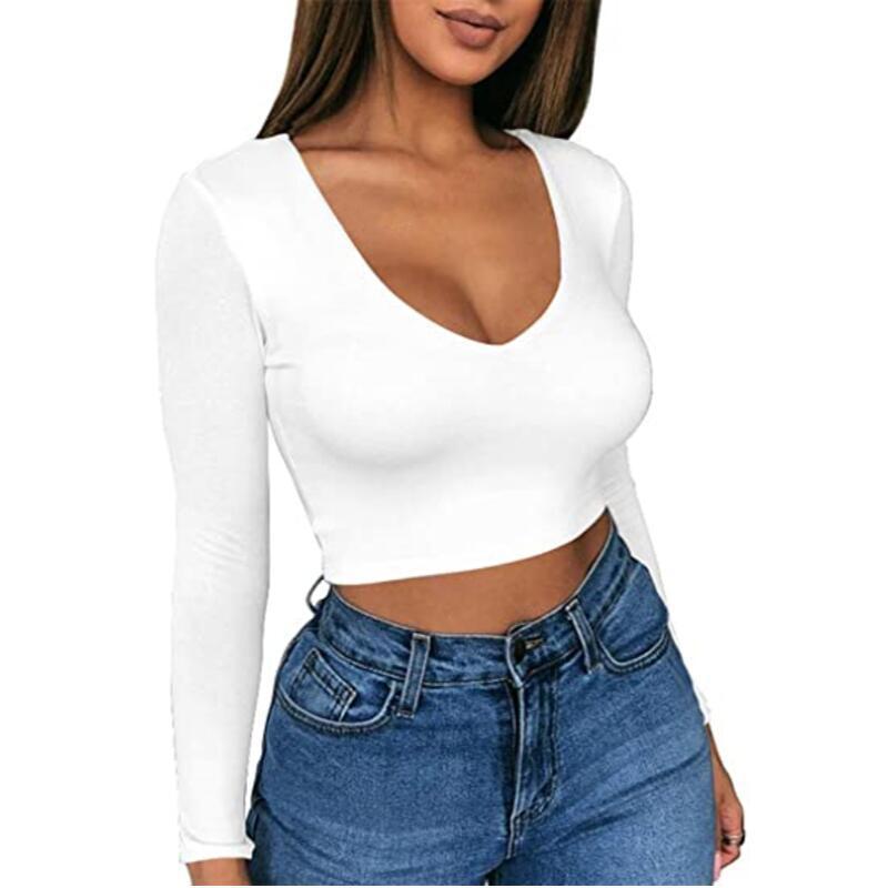 Damen modisches Crop-Top mit tiefem V-Ausschnitt und langen Ärmeln WW
