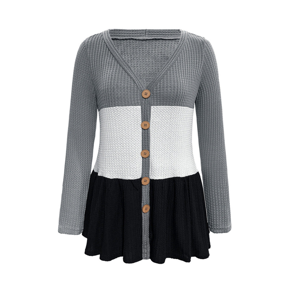 Damen Langarm Cardigan mit farbenfrohem Blockmuster und Knopf-Detail WW