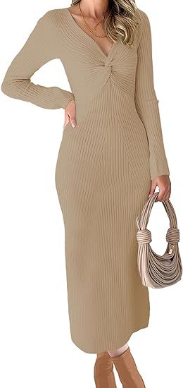 Damen elegantes Midikleid mit V-Ausschnitt und strukturiertem Rippdesign WW