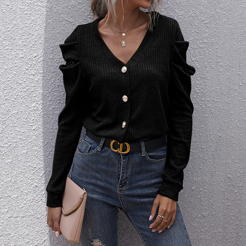 Damen Strickjacke mit dekorativen Puffärmeln und knöpfbarem V-Ausschnitt WW