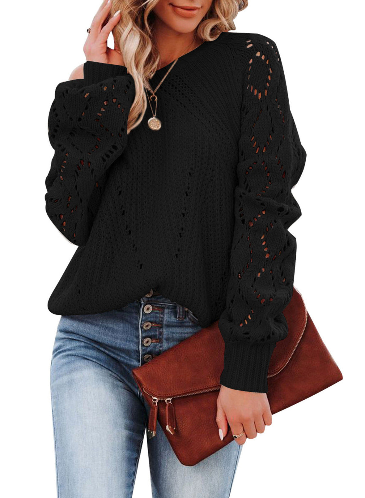 Damen Strickpullover mit raffiniertem Lochmuster und voluminösen Ärmeln WW