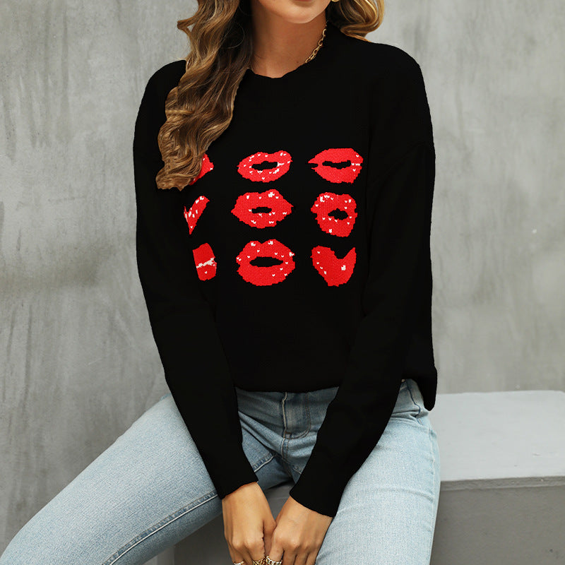 Damen Strickpullover mit glitzerndem Lippen-Motiv WW