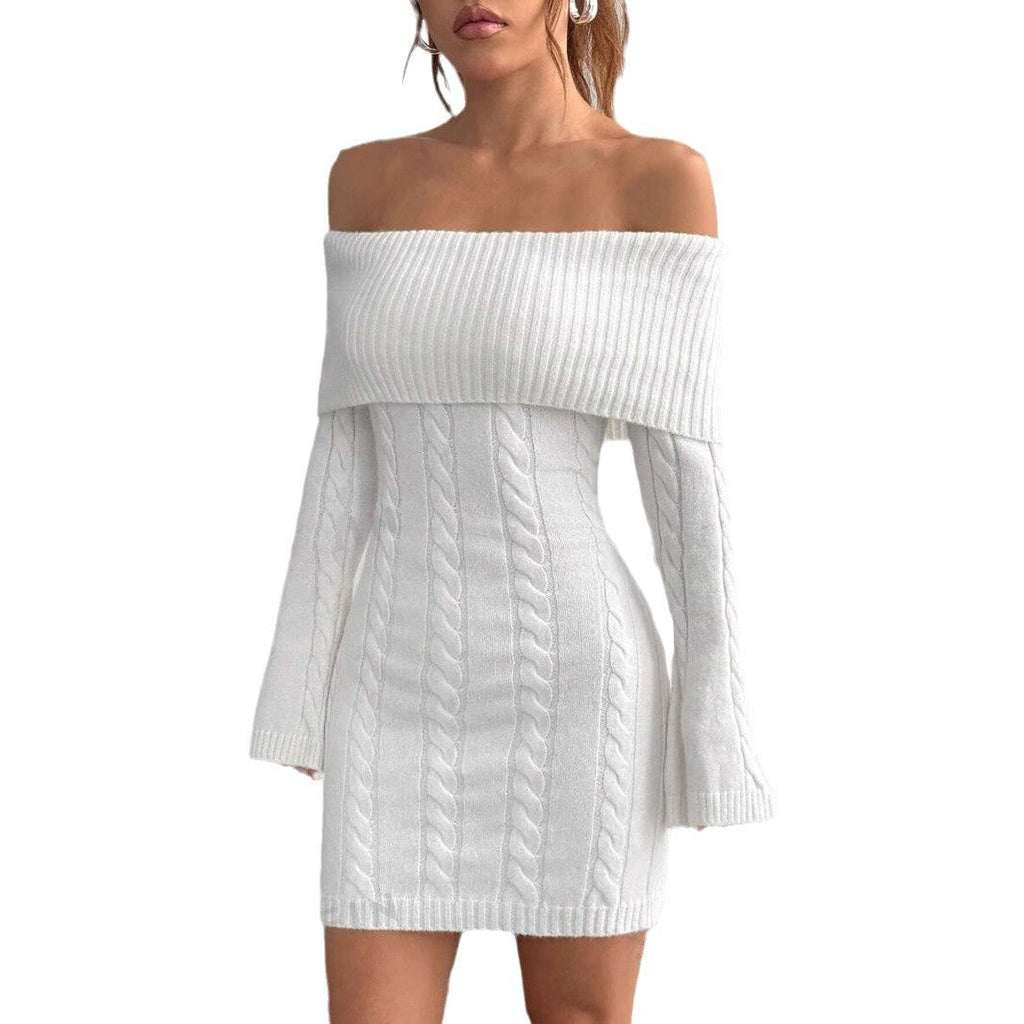 Damen figurbetontes Strickkleid mit weitem Ausschnitt WW