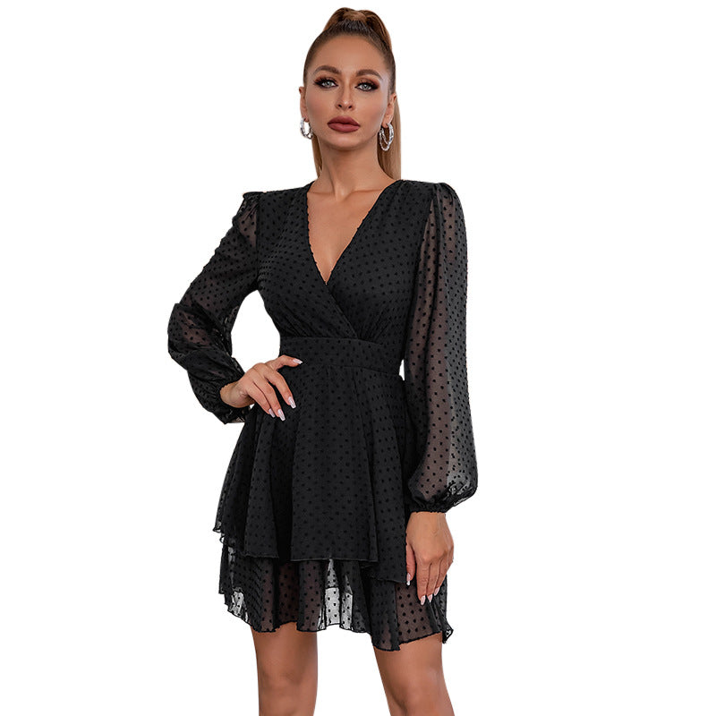 Damen verspieltes A-Linien Kleid mit langen Puffyärmeln und V-Ausschnitt WW