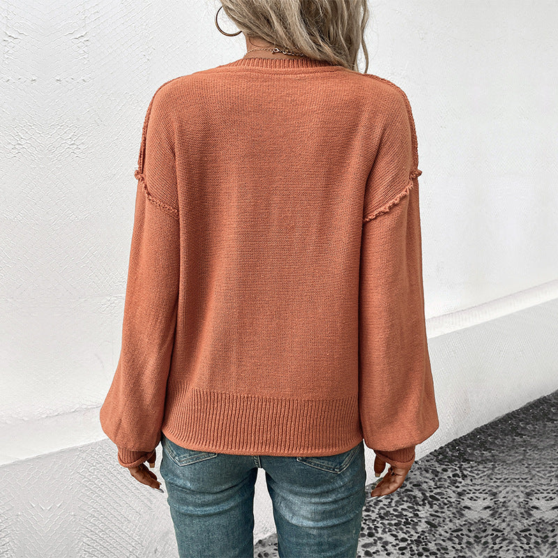 Damen lässiger Pullover mit weit geschnittenen Ärmeln und V-Ausschnitt WW