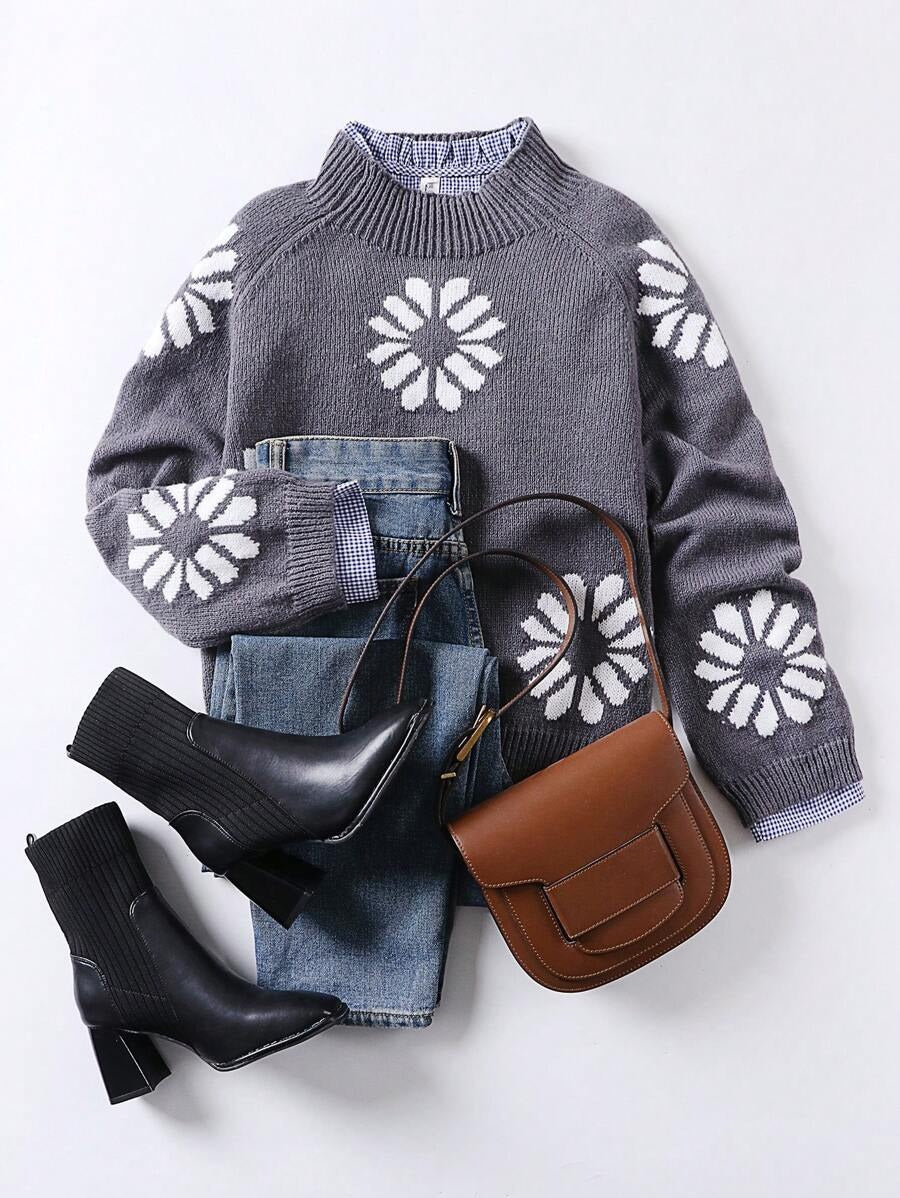 Damen Strickpullover mit floralem Motiv und modernem Rundhalsausschnitt WW