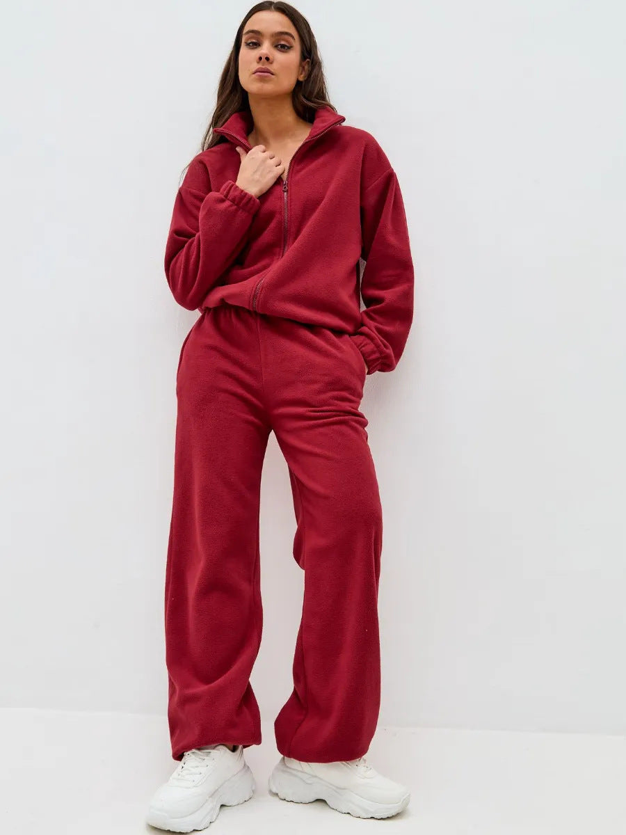 Damen sportliches Fleece-Jogginganzug mit hohem Kragen und hochwertigem Reißverschluss WW
