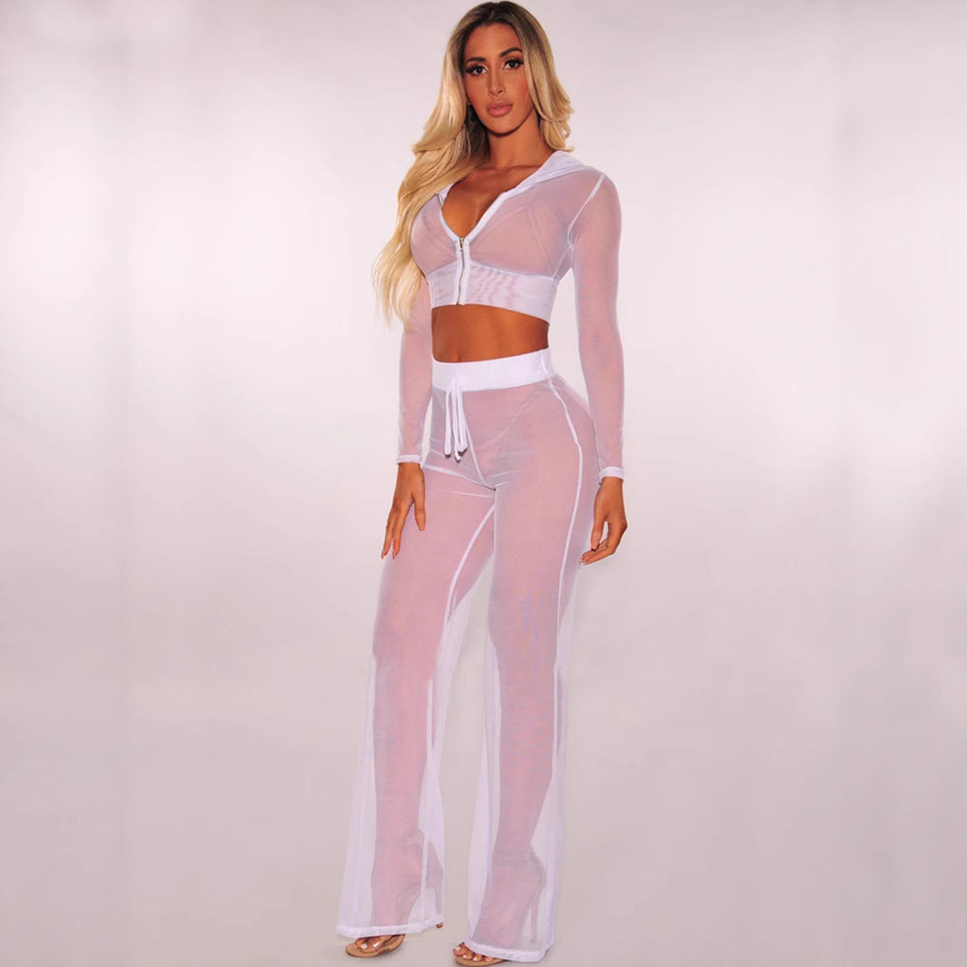 Damen Transparente Lounge-Hose mit Reißverschluss und Hohem Bund WW