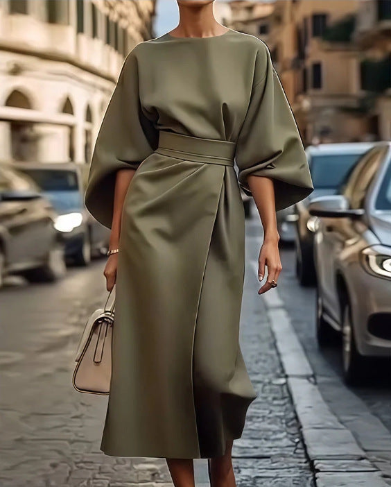 Damen modernes Maxikleid mit voluminösen Ärmeln und Taillengürtel WW