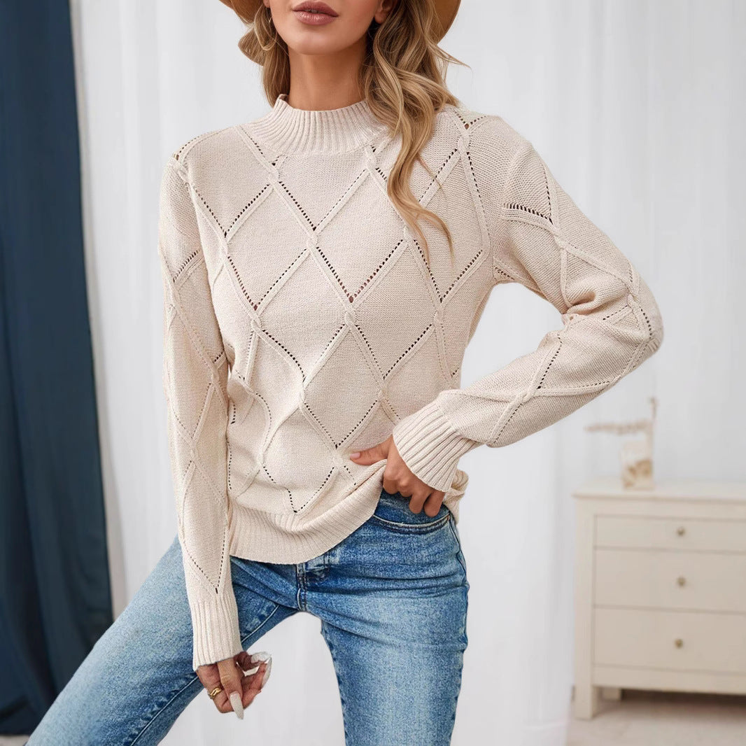 Damen Strickpullover mit strukturiertem Rautenmuster und hochgeschlossenem Kragen WW