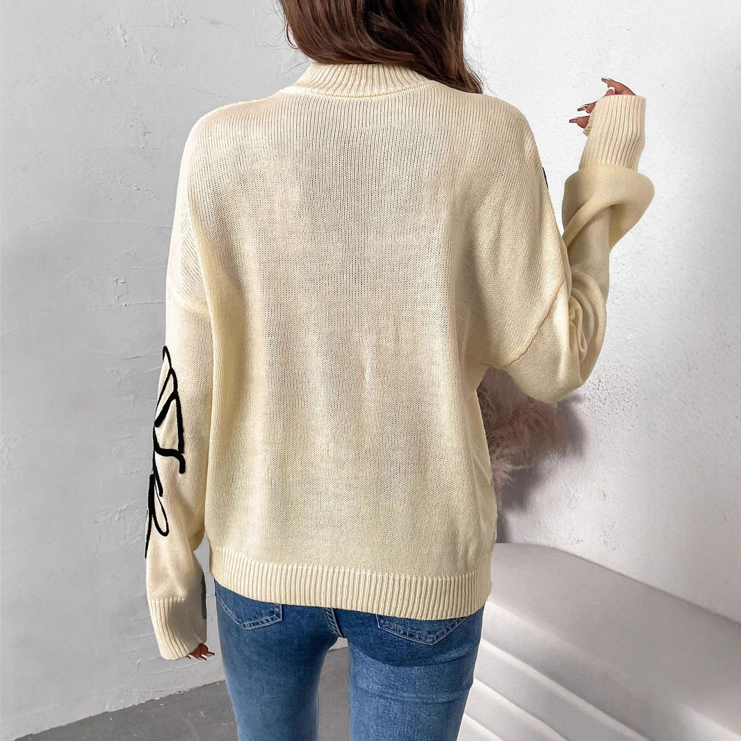 Damen modischer Strickpullover mit floralen Akzenten und hochgeschlossenem Kragen WW