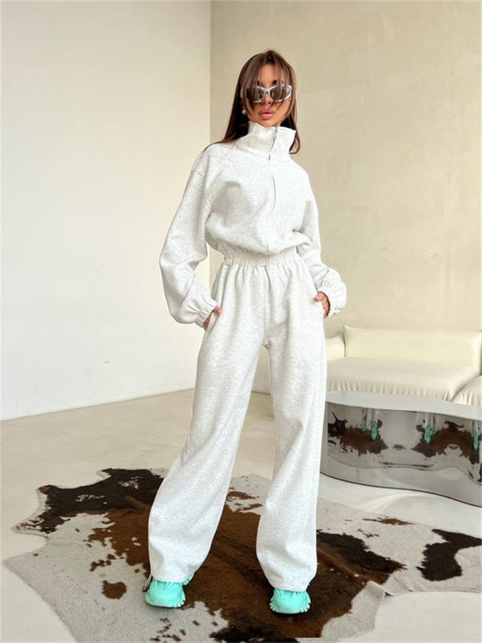 Damen sportlicher Fleece-Loungewear-Anzug mit hohem Kragen und elastischem Bund WW