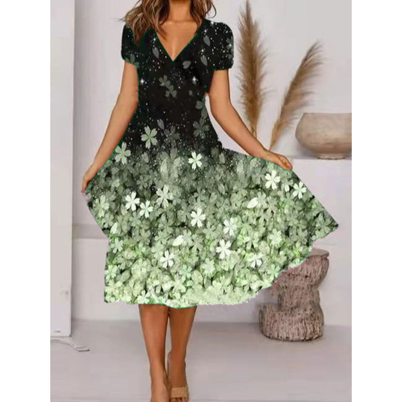 Damen A-Linie Sommerkleid mit V-Ausschnitt und floralen Akzenten WW