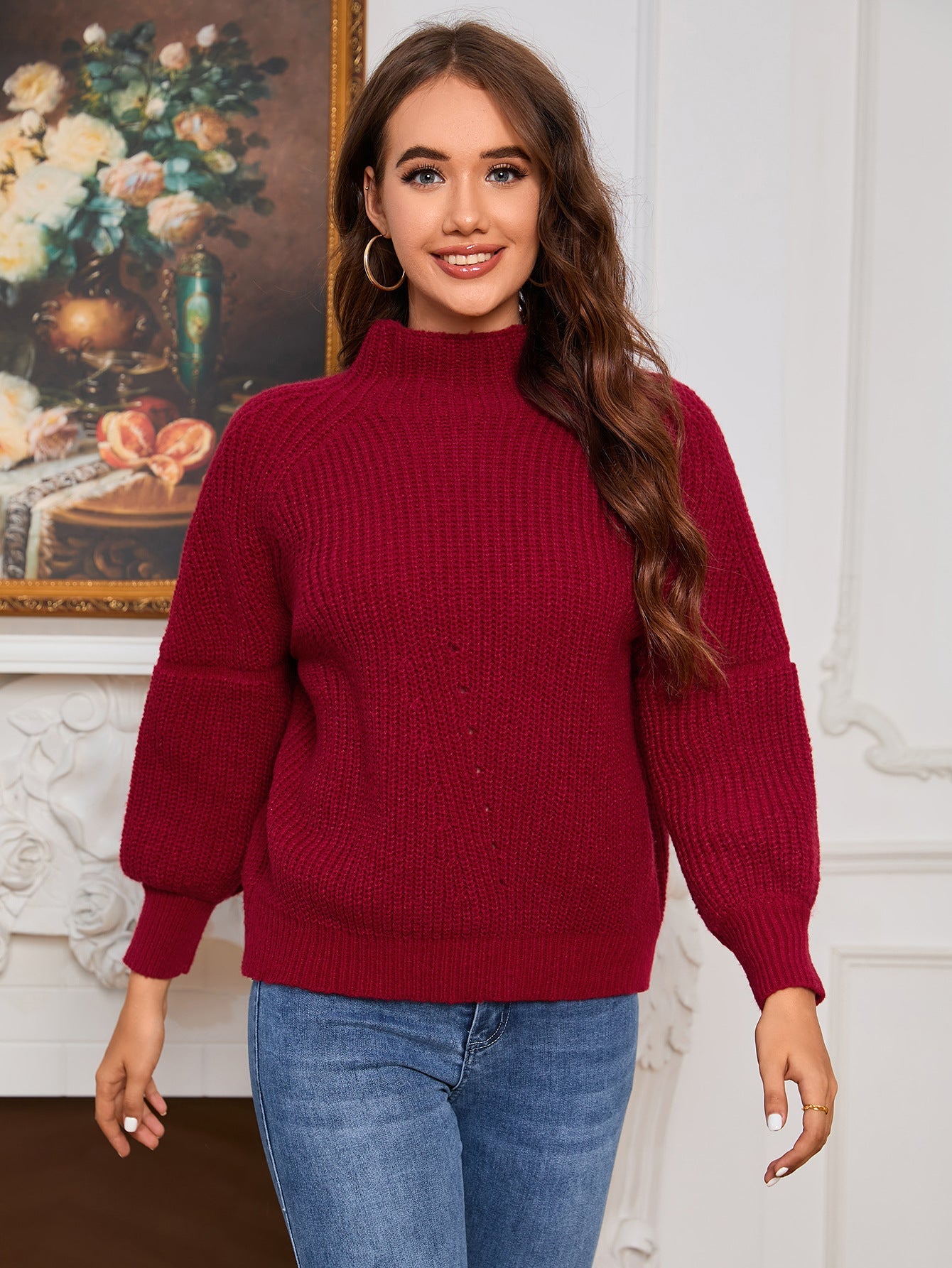Damen Grobstrick Pullover mit hochgeschlossenem Kragen WW