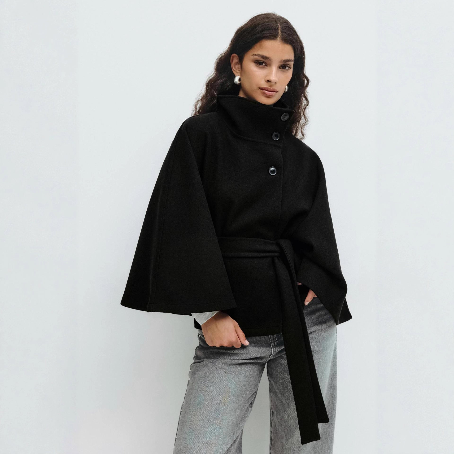Damen Wickeljacke mit hoher Kragenlinie und breiten Ärmeln WW