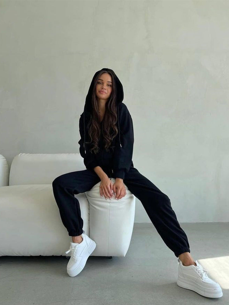 Damen sportliches Fleece-Jogginganzug mit praktischer Kapuze und elastischem Bund WW