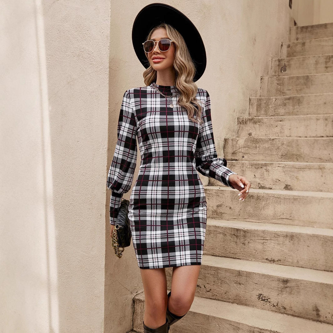 Damen figurbetontes Tartan-Kleid mit langen Ärmeln und Taillengürtel WW