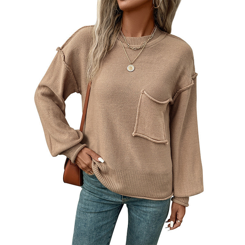 Damen lässiger Pullover mit voluminösen Ärmeln und praktischer Taschendetail WW