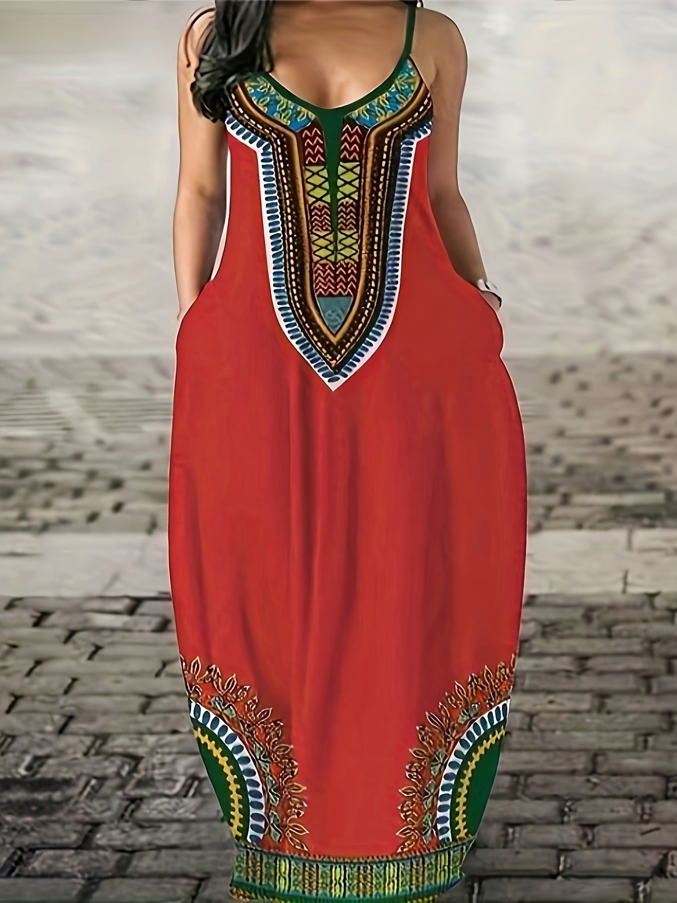 Damen Maxikleid mit künstlerischem African-Design und praktischen Taschen WW