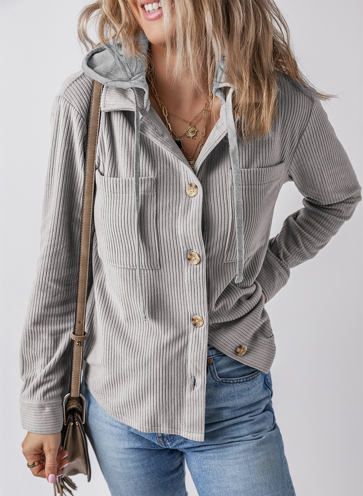 Damen lässige Oversized-Hemdjacke mit Kapuze und strukturiertem Stoff WW