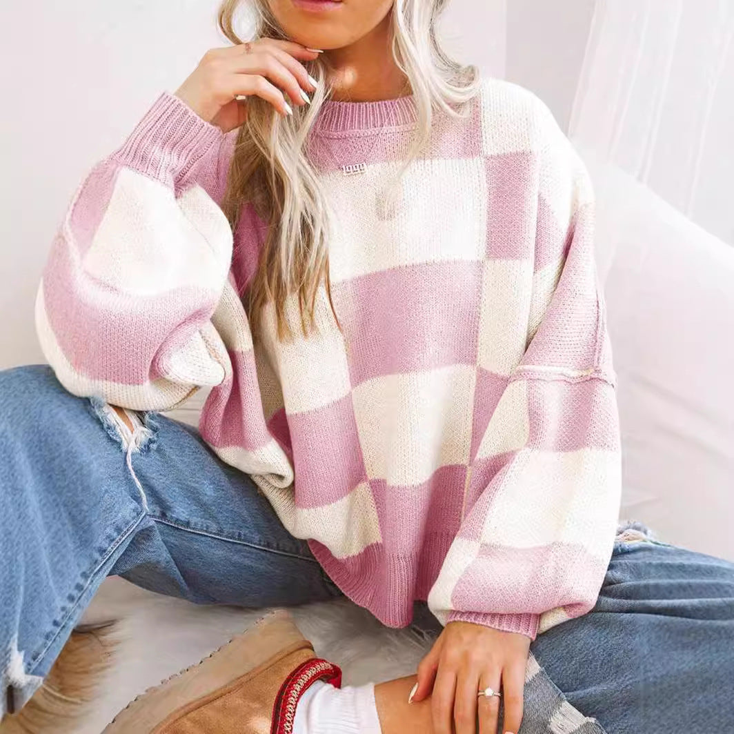 Damen modischer Pullover mit Karomuster und weitem Schnitt WW