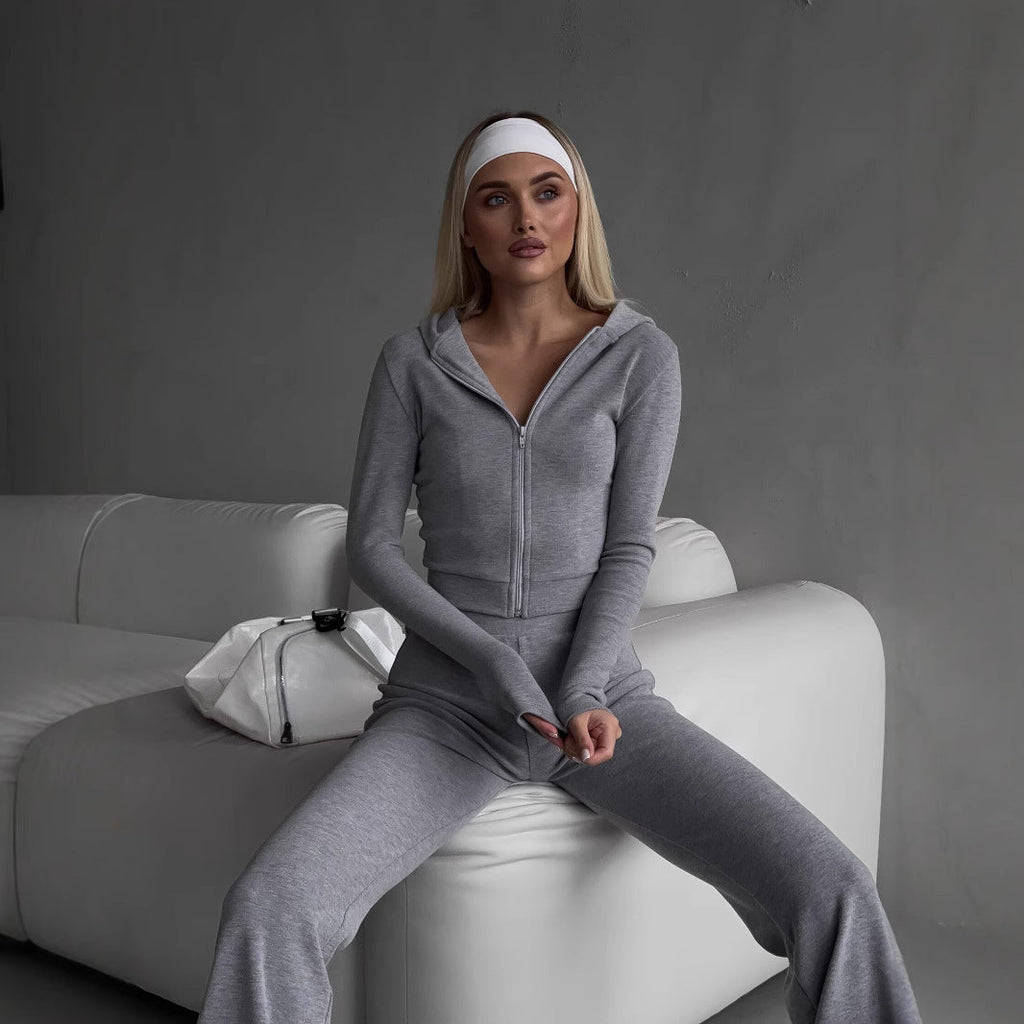 Damen sportliches Fleece-Set mit Zip-Hoodie und enganliegender Hose WW