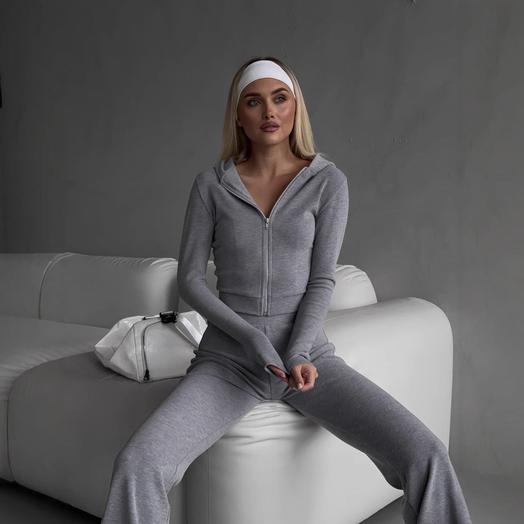 Damen sportliches Fleece-Set mit Zip-Hoodie und enganliegender Hose WW