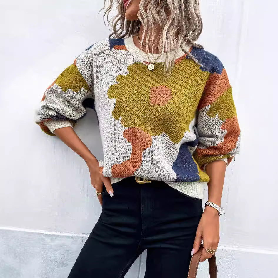Damen modischer Pullover mit floralem Muster und weiten Ärmeln WW