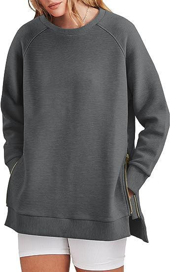 Damen lässiger Sweatshirt mit Seitentaschen und Reißverschluss WW