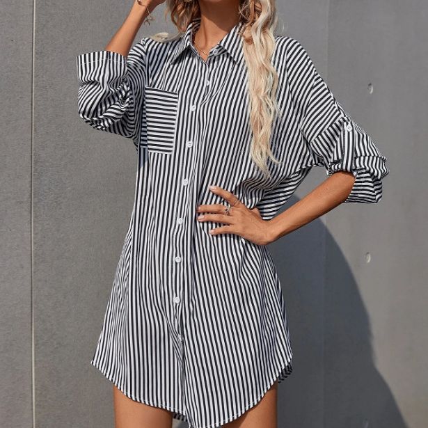 Damen Hemdblusenkleid im lässigen Stil mit Streifenmuster WW